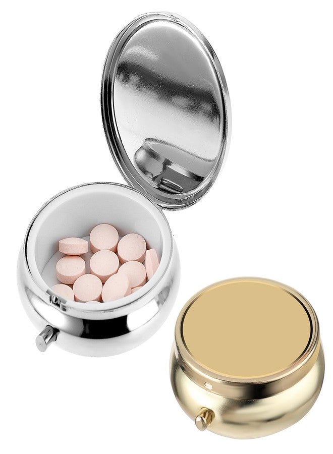 WY LIGHTING LEVEL 2Pcs Pill Box Small Pill Case for Purse or Pocket, Portable Cute Pill Container Metal Pill Box Decorative Medicine, Vitamin, Fish Oil and Supplements Holder Organizer (Silver&Gold) - Image 1